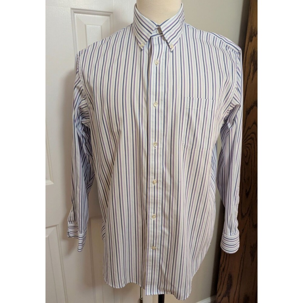 Lands' End Long Sleeve Dress Shirt Men's 16.5 - 35 No Iron Purple Blue Stripe